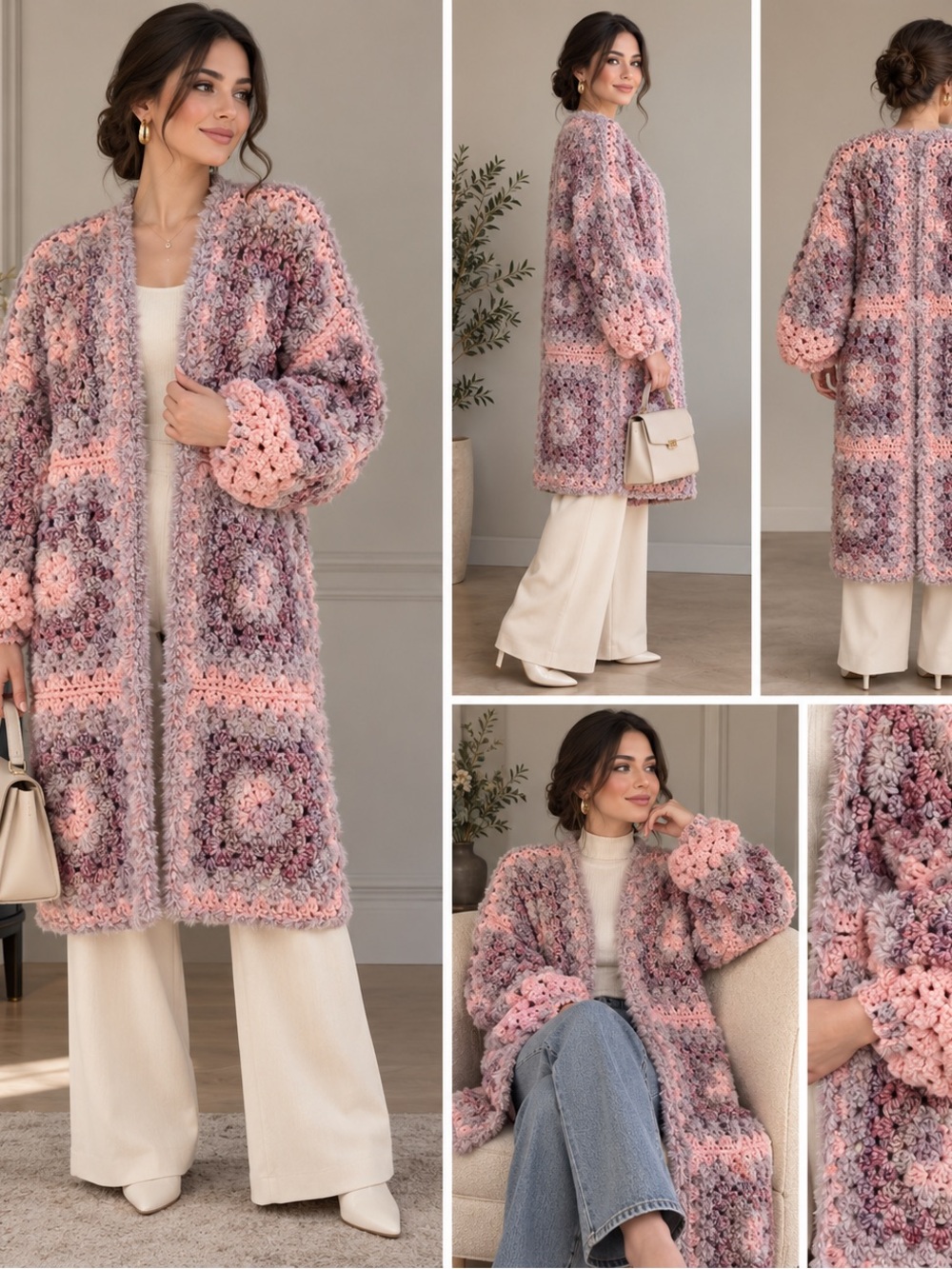 Oversized Pink & Mauve Crochet Cardigan Sweater